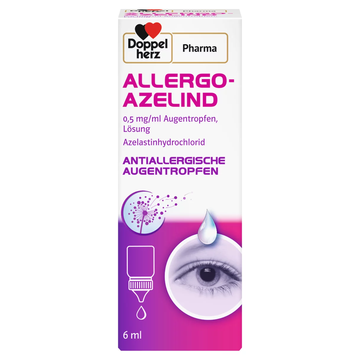 Abbildung der Produktverpackung DoppelherzPharma ALLERGO-AZELIND 0,5 mg/ml Augentropfen, Lösung Frontansicht